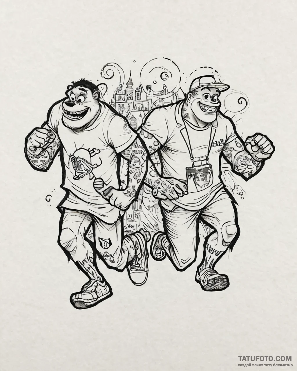 Tattoo sketch, mike and sulley running throug... - эскиз тату (№1753678621_0, 28.07.2025 04:57) — Tatufoto.com