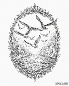 Tattoo sketch, seagulls soaring over vast oce... - эскиз тату (№1753679213_0, 28.07.2025 05:06) — Tatufoto.com