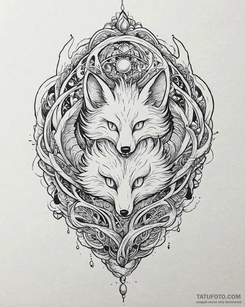 Tat tattoo sketch, kitsune fox spirit with ni... - эскиз тату (№1753681223_0, 28.07.2025 05:40) — Tatufoto.com