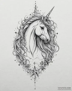 Tattoo sketch, unicorn with flowing mane of s... - эскиз тату (№1753681617_0, 28.07.2025 05:46) — Tatufoto.com