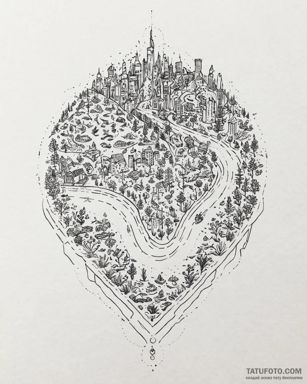 Tattoo sketch, zootopia city map with animal... - эскиз тату (№1753682010_0, 28.07.2025 05:53) — Tatufoto.com