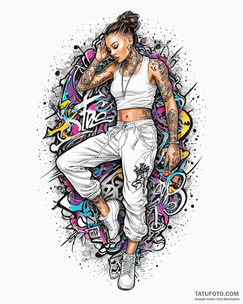 Tat tattoo sketch, hip-hop dancer with graffi... - эскиз тату (№1753682208_0, 28.07.2025 05:56) — Tatufoto.com