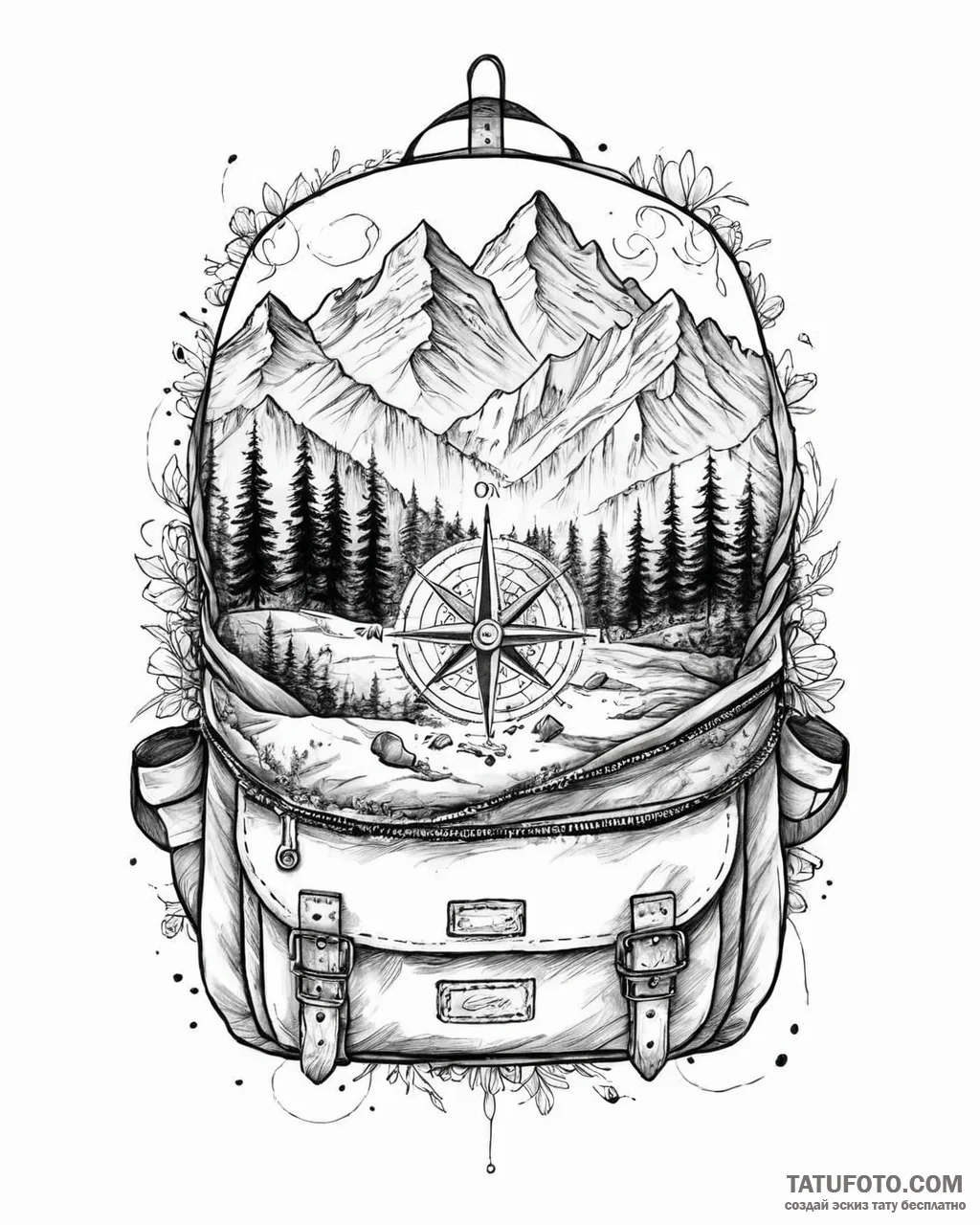 Tat tattoo sketch, traveler’s backpack with c... - эскиз тату (№1753682996_0, 28.07.2025 06:09) — Tatufoto.com