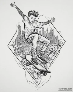 Tat tattoo sketch, skateboarding figure mid-a... - эскиз тату (№1753685165_0, 28.07.2025 06:46) — Tatufoto.com