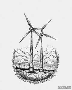 A wind turbine field at sunset., tattoo sketc... - эскиз тату (№1753707131_0, 28.07.2025 12:52) — Tatufoto.com