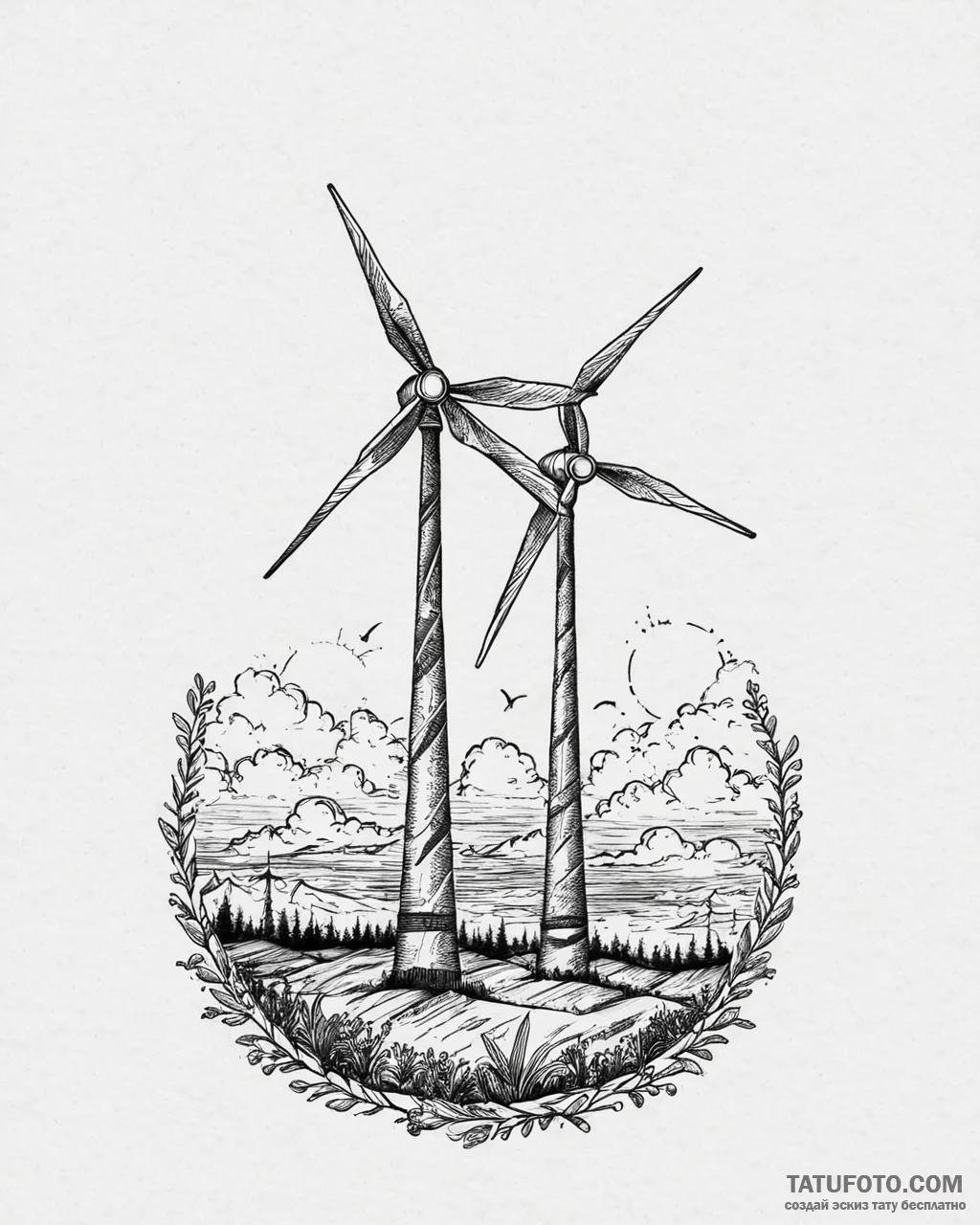 A wind turbine field at sunset., tattoo sketc... - эскиз тату (№1753707131_0, 28.07.2025 12:52) — Tatufoto.com