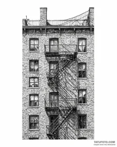 A fire escape on the side of a classic brick... - эскиз тату (№1753709342_0, 28.07.2025 13:29) — Tatufoto.com