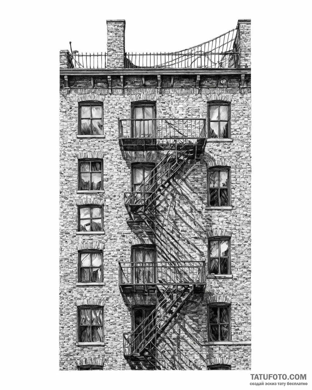 A fire escape on the side of a classic brick... - эскиз тату (№1753709342_0, 28.07.2025 13:29) — Tatufoto.com