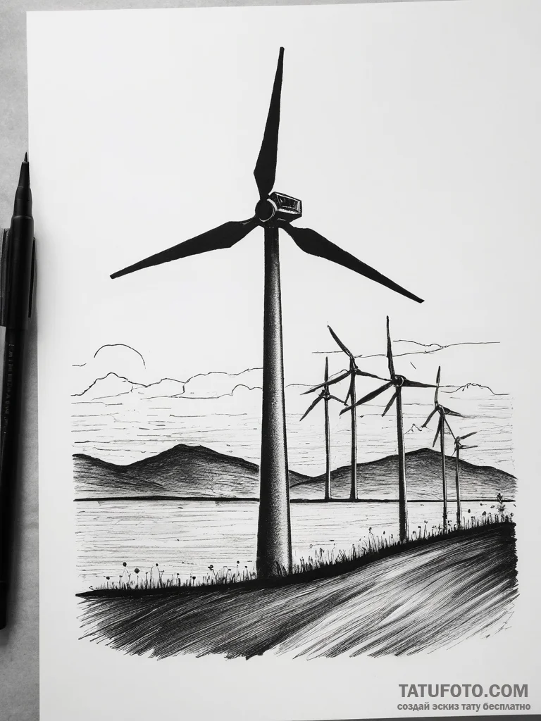 A wind turbine field at sunset., tattoo sketc... - эскиз тату (№1753714008_0, 28.07.2025 14:46) — Tatufoto.com