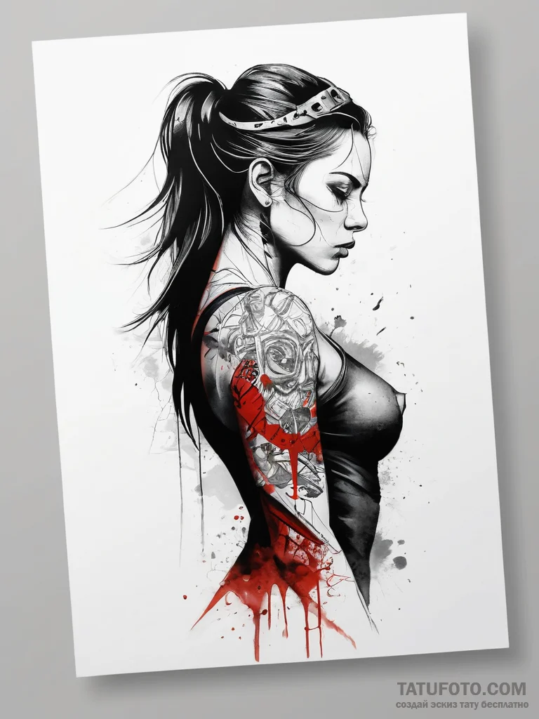 Tattoo sketch a warrior woman's silhouette, e... - эскиз тату (№1753714099_0, 28.07.2025 14:48) — Tatufoto.com