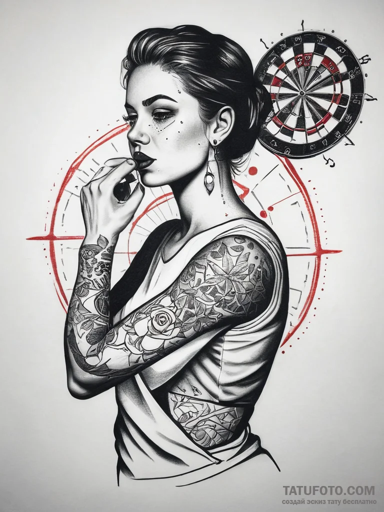 A person playing darts in a dimly lit pub., i... - эскиз тату (№1753714680_0, 28.07.2025 14:58) — Tatufoto.com