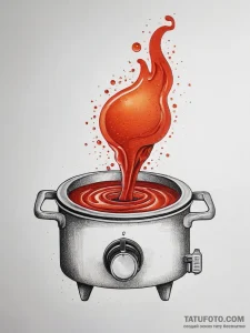 A close-up of a bubbling pot of tomato sauce… — эскиз тату (№1753716623_0, 28.07.2025 15:30) — Tatufoto.com