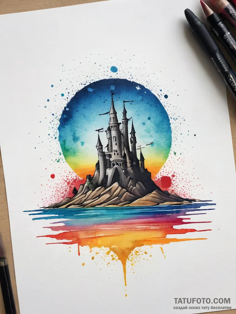 A sandcastle on a beach, with the tide coming... - эскиз тату (№1753745756_0, 28.07.2025 23:35) — Tatufoto.com