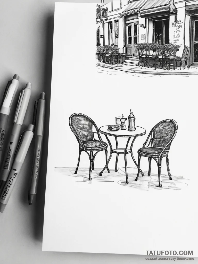 A charming parisian street cafe, with wicker... - эскиз тату (№1753748655_0, 29.07.2025 00:24) — Tatufoto.com