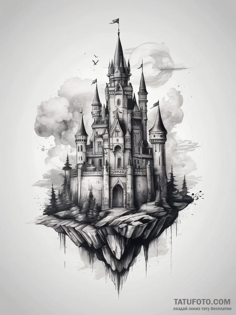 Floating castle, ink illustration for tattoo,... - эскиз тату (№1753749234_0, 29.07.2025 00:33) — Tatufoto.com