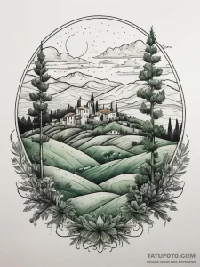 A wide shot of the rolling, green hills of tu... - эскиз тату (№1753750001_0, 29.07.2025 00:46) — Tatufoto.com