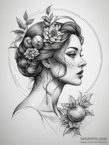 Persephone with a pomegranate, tattoo drawing... - эскиз тату (№1753750771_0, 29.07.2025 00:59) — Tatufoto.com