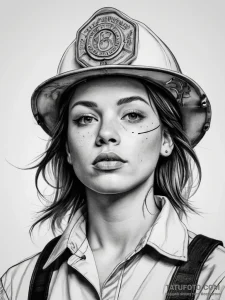 A powerful shot of a female firefighter, soot... - эскиз тату (№1753756183_0, 29.07.2025 02:29) — Tatufoto.com
