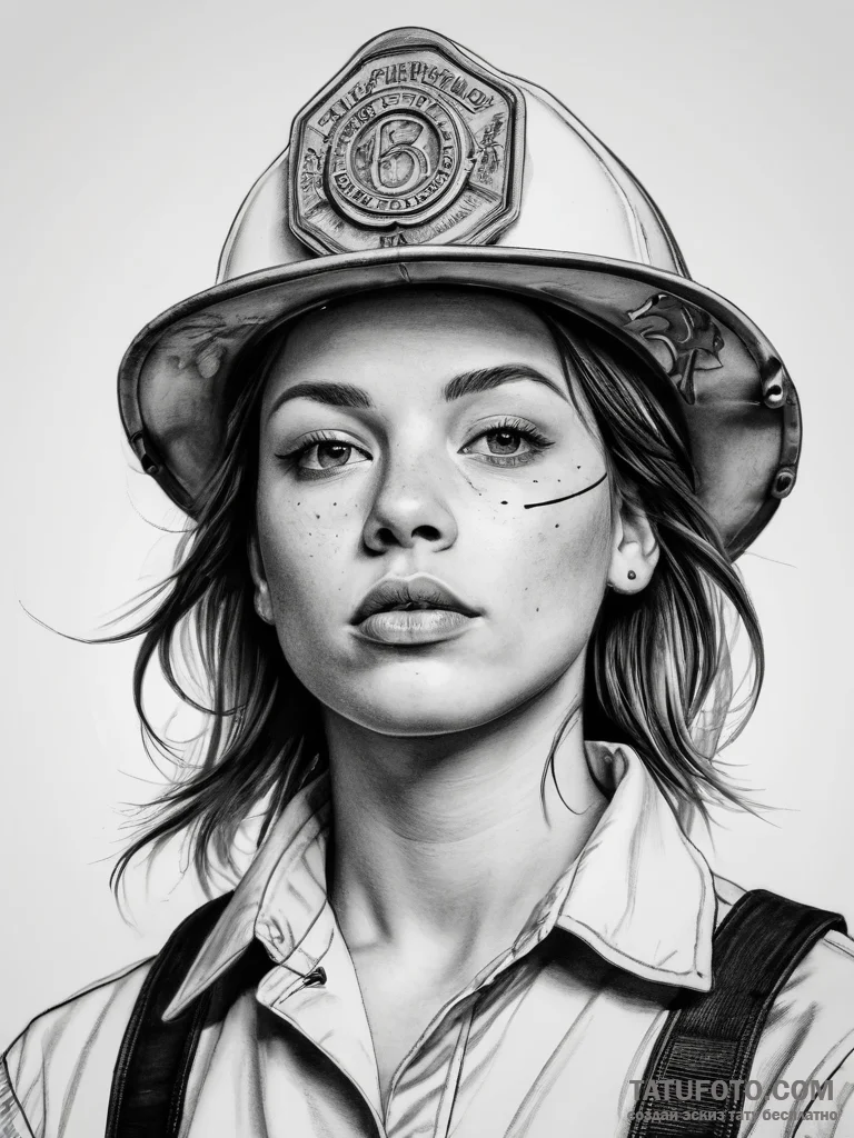 A powerful shot of a female firefighter, soot... - эскиз тату (№1753756183_0, 29.07.2025 02:29) — Tatufoto.com