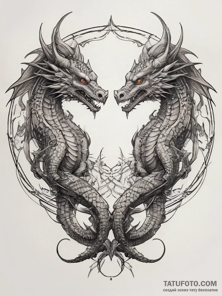 Tattoo sketch a pair of dragons, their bodies... - эскиз тату (№1753757156_0, 29.07.2025 02:45) — Tatufoto.com