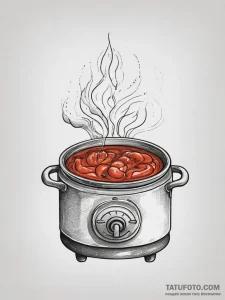 A close-up of a bubbling pot of tomato sauce… — эскиз тату (№1753758519_0, 29.07.2025 03:08) — Tatufoto.com