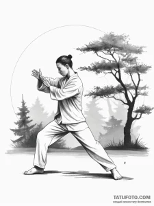 A person practicing tai chi in a tranquil par... - эскиз тату (№1753762606_0, 29.07.2025 04:16) — Tatufoto.com