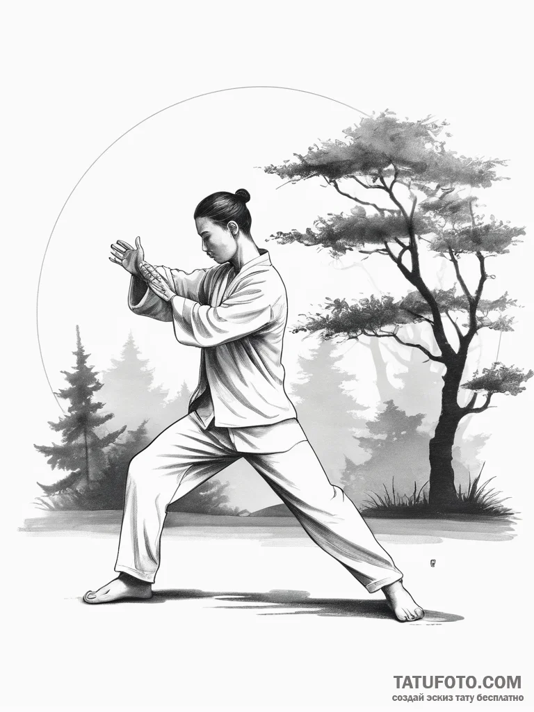 A person practicing tai chi in a tranquil par... - эскиз тату (№1753762606_0, 29.07.2025 04:16) — Tatufoto.com