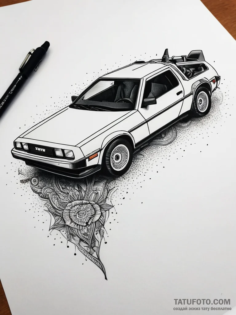 The delorean time machine, tattoo flash sheet... - эскиз тату (№1753766105_0, 29.07.2025 05:15) — Tatufoto.com