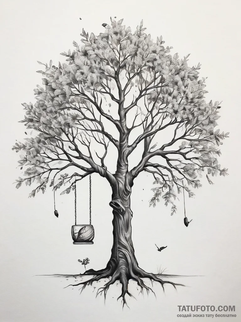 Tattoo sketch a single mighty tree with a swi... - эскиз тату (№1753770388_0, 29.07.2025 06:26) — Tatufoto.com
