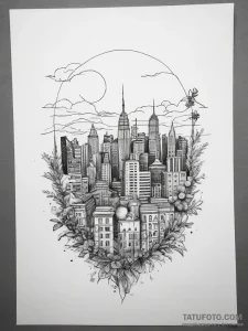 The view of a city from a rooftop garden at n... - эскиз тату (№1753771752_0, 29.07.2025 06:49) — Tatufoto.com