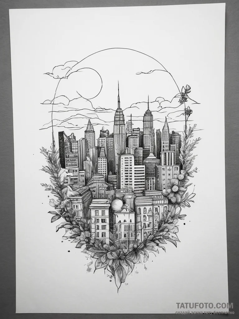 The view of a city from a rooftop garden at n... - эскиз тату (№1753771752_0, 29.07.2025 06:49) — Tatufoto.com