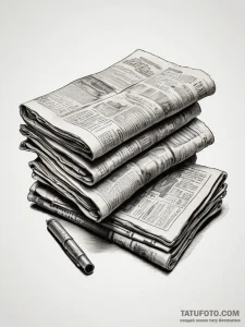 A close-up of a stack of old, yellowed newspa... - эскиз тату (№1753774462_0, 29.07.2025 07:34) — Tatufoto.com