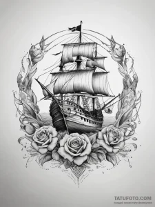Pirate ship fighting a kraken, artistic tatto... - эскиз тату (№1753779117_0, 29.07.2025 08:51) — Tatufoto.com