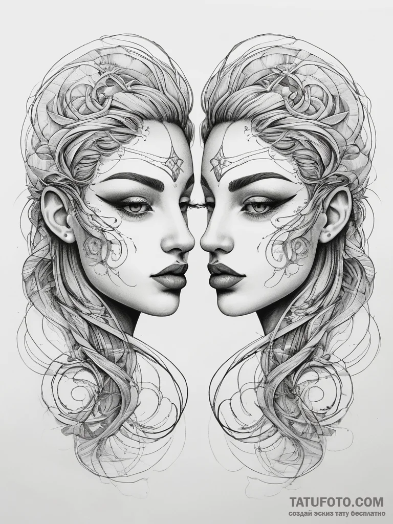 Tattoo sketch twin faces for gemini, connecte... - эскиз тату (№1753801633_0, 29.07.2025 15:07) — Tatufoto.com
