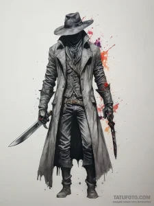 A hunter from bloodborne with saw cleaver, ta... - эскиз тату (№1753804612_0, 29.07.2025 15:56) — Tatufoto.com