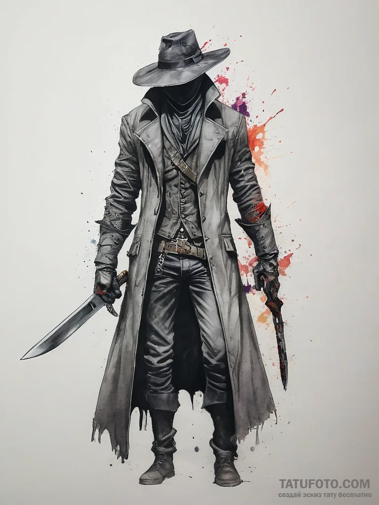A hunter from bloodborne with saw cleaver, ta... - эскиз тату (№1753804612_0, 29.07.2025 15:56) — Tatufoto.com