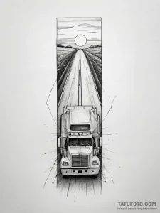A long-haul truck driving down a deserted hig... - эскиз тату (№1753806792_0, 29.07.2025 16:33) — Tatufoto.com