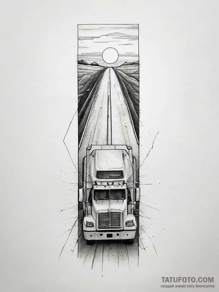 A long-haul truck driving down a deserted hig... - эскиз тату (№1753806792_0, 29.07.2025 16:33) — Tatufoto.com