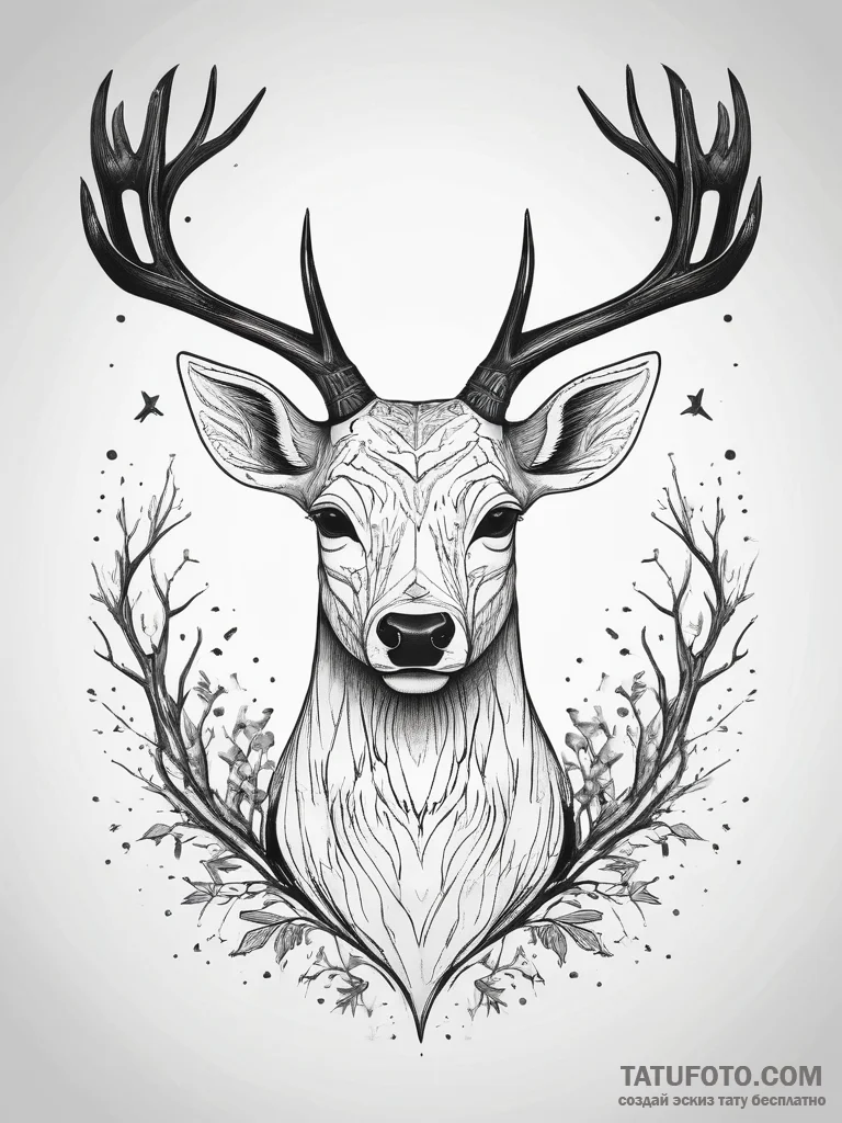 A deer with antlers made of dead branches and... - эскиз тату (№1753808764_0, 29.07.2025 17:06) — Tatufoto.com
