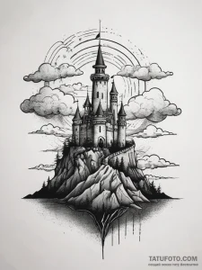 Tattoo design a shadowy castle on a hill unde... - эскиз тату (№1753809160_0, 29.07.2025 17:12) — Tatufoto.com