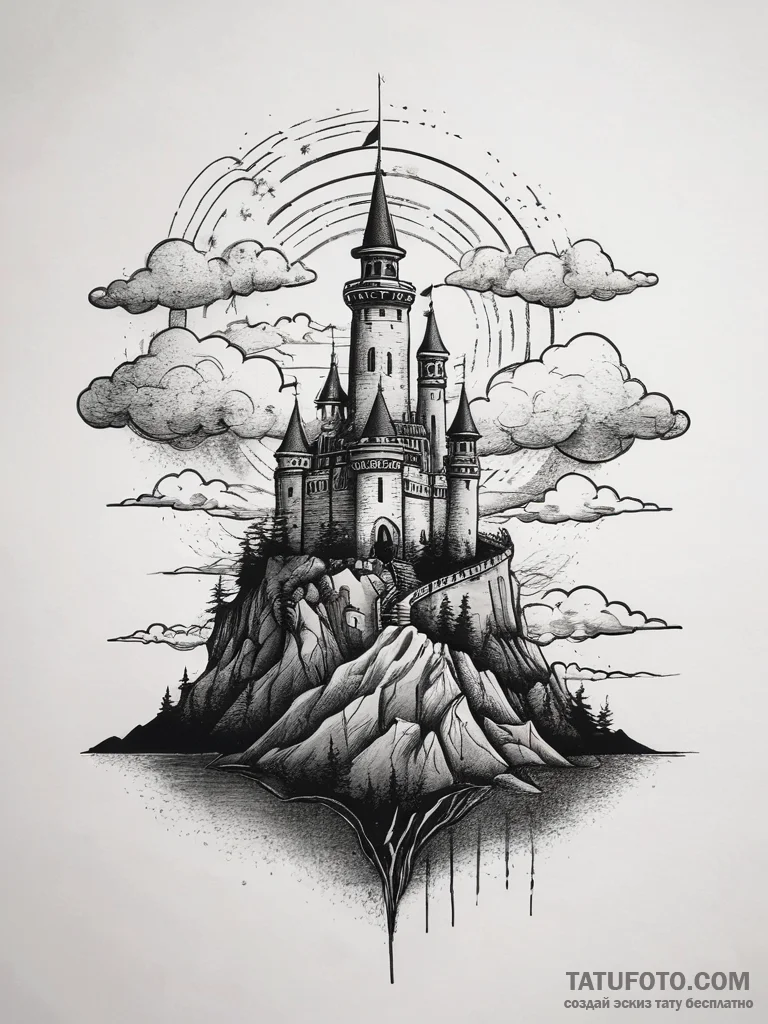 Tattoo design a shadowy castle on a hill unde... - эскиз тату (№1753809160_0, 29.07.2025 17:12) — Tatufoto.com