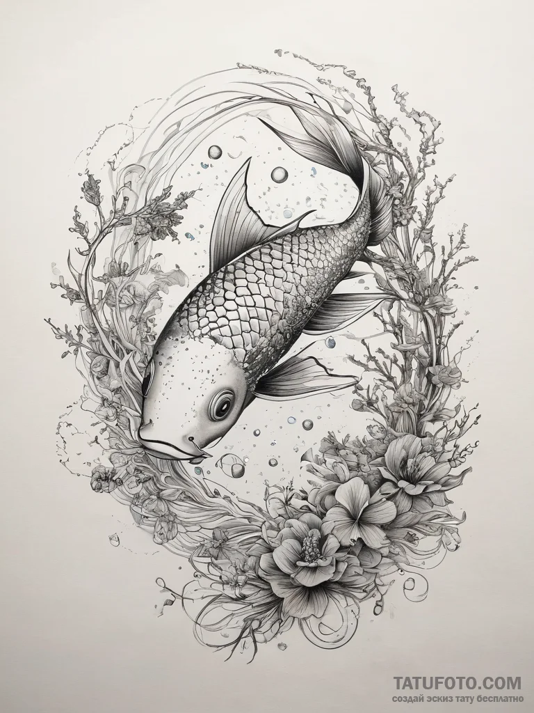 Tattoo design pisces fish, swimming among del... - эскиз тату (№1753809946_0, 29.07.2025 17:25) — Tatufoto.com
