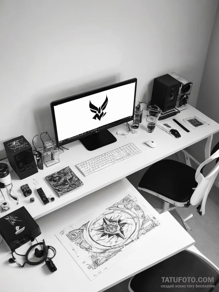 Tattoo sketch a gaming desk with a messy but... - эскиз тату (№1753810338_0, 29.07.2025 17:32) — Tatufoto.com