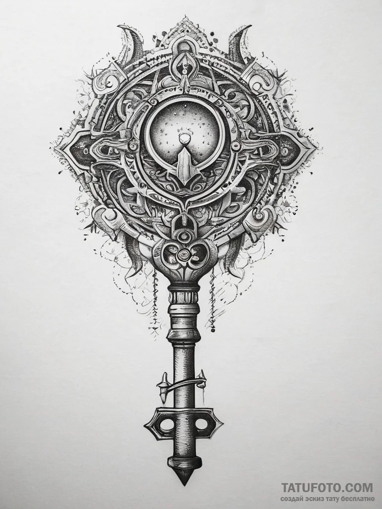 Tattoo sketch a single, ancient key with intr... - эскиз тату (№1753815798_0, 29.07.2025 19:03) — Tatufoto.com