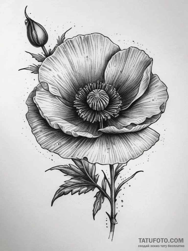 Tattoo sketch a single poppy in bloom its pet... - эскиз тату (№1753817159_0, 29.07.2025 19:25) — Tatufoto.com