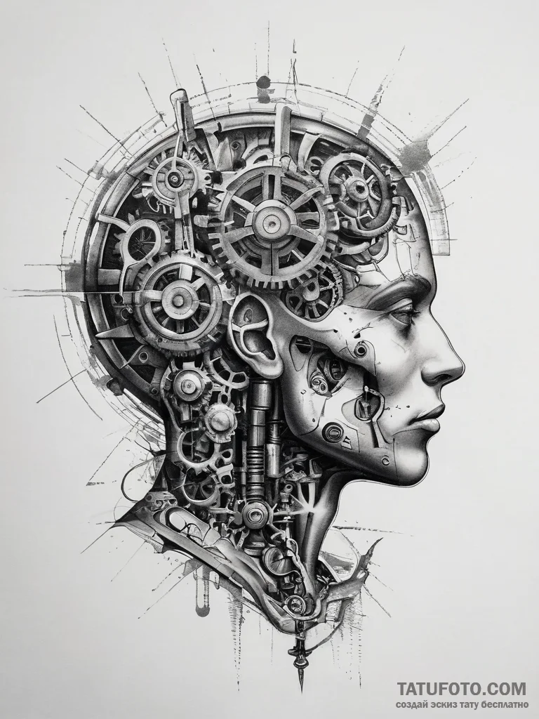 Tattoo sketch a brain with gears and circuits... - эскиз тату (№1753819864_0, 29.07.2025 20:11) — Tatufoto.com