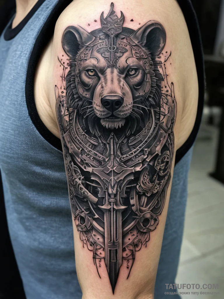 Tattoo on the left shoulder. aryan god veles... - реализм (ч/б), биомеханика - эскиз тату (№1753824243_0, 29.07.2025 21:24) — Tatufoto.com
