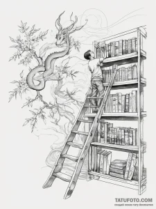 Photo of a librarian on a ladder, reaching fo... - эскиз тату (№1753825843_0, 29.07.2025 21:50) — Tatufoto.com