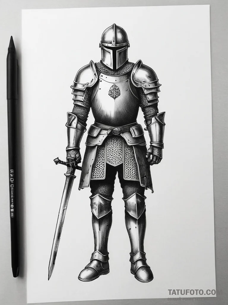 Tattoo sketch a medieval knight in full armor... - эскиз тату (№1753826034_0, 29.07.2025 21:53) — Tatufoto.com