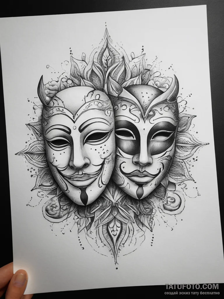 Theater masks, tattoo drawing outline, black... - эскиз тату (№1753829707_0, 29.07.2025 22:55) — Tatufoto.com